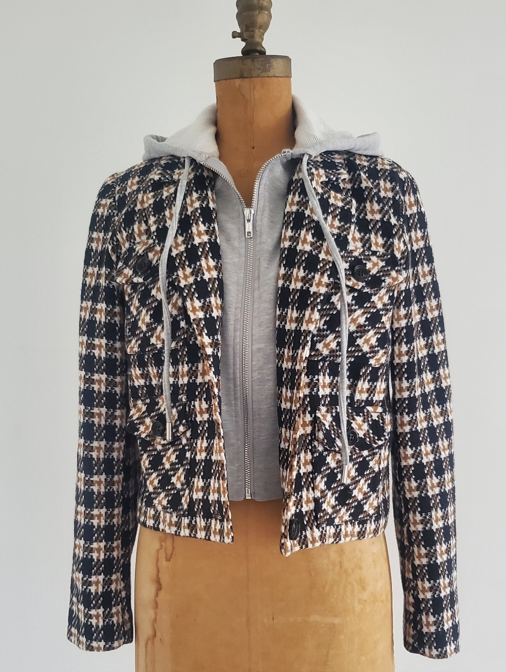 Central Park West Black/Tan Houndstooth Tweed Jacket w/Grey Hoodie Layer, Size S